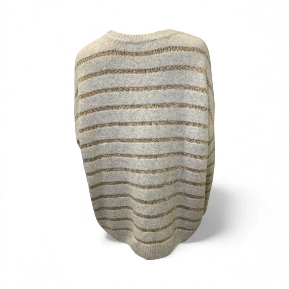 CeCe Crewneck Long Sleeve Lurex Striped Beige and White Sweater size L